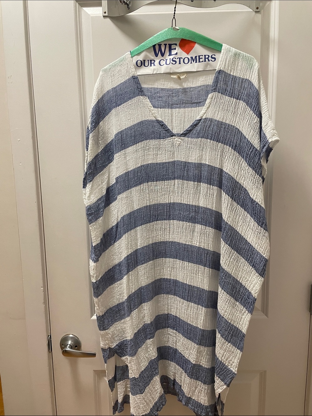 Eileen Fisher Blue and White Striped V-Neck Dress